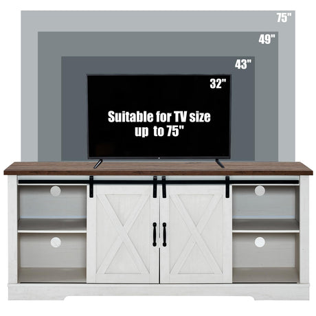 AMERLIFE 66" Farmhouse TV Stand for 75 Inches TVs, Entertainment Center with Sliding Barn Door and Adjustable Shelf & Feet, Console Table with Storage, Distressed White & Rustic AMERLIFE