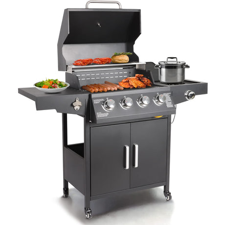Propane Gas Grill 4 Burners with Side Burner Freestanding Grill Cart with Wheels for Outdoor Garden Cooking Barbecue Grill, Black Polar Aurora