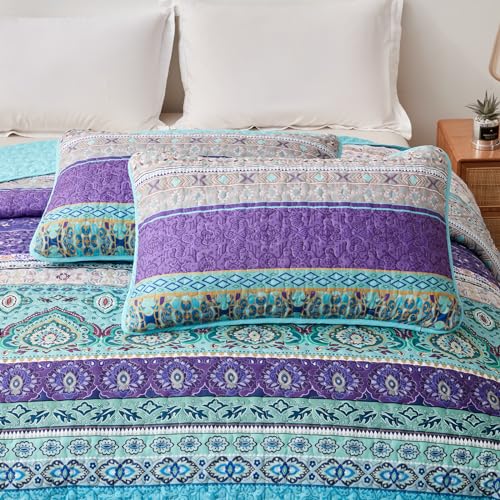 Xruibed Boho Quilt Set Queen,Purple Teal Bohemian Quilt Coverlet 3PCs Soft Microfiber Lightweight Bedspread with 2 Pillowcases for All Season (Queen Size 90"x96") Xruibed