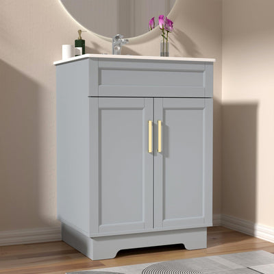 Ymise Bathroom Vanity with Sink, 24-Inch Bathroom Vanities Cabinet with Large Storage Space, Wooden Bathroom Sink Cabinet, Grey