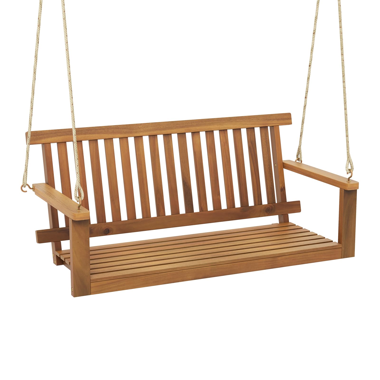 Tangkula 2 Person Hanging Porch Swing, Wooden Patio Swing with 2 Hanging Hemp Ropes, Slatted Seat & Back, 800Lbs Acacia Wood Outdoor Swing Bench for Backyard Deck Garden - WoodArtSupply