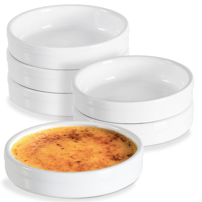 ONEMORE Ramekins 4 oz, Creme Brulee Ramekins Oven Safe Ceramic Shallow Souffle Dishes for Baking Custard, Mini Pies, Puddings and Dipping Sauces 4.5 inch White Mini Round Quiche Pans Set of 6