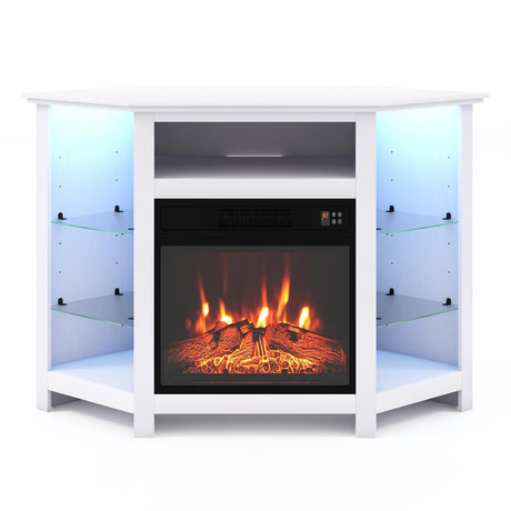 COSTWAY Electric Fireplace Corner TV Stand for TVs Up to 50 Inches, Modern Fireplace Entertainment Center with 16-Color LED Lights, Adjustable Shelves, Remote & Smart APP Control (White) COSTWAY