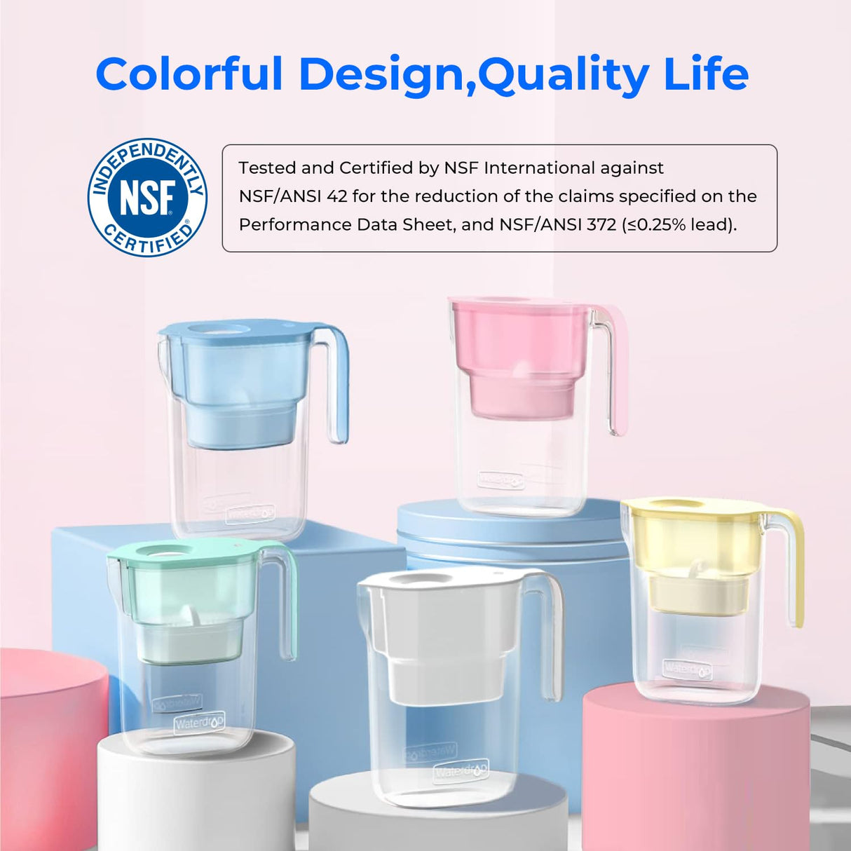 Waterdrop Water Filter Pitcher with 1 Filter, 5X Times Lifetime, Lasts 200 Gallons, for Fridge, Countertop and Gift, Reduces PFOA/PFOS, Chlorine, 7-Cup Capacity, Elfin, Pink Waterdrop