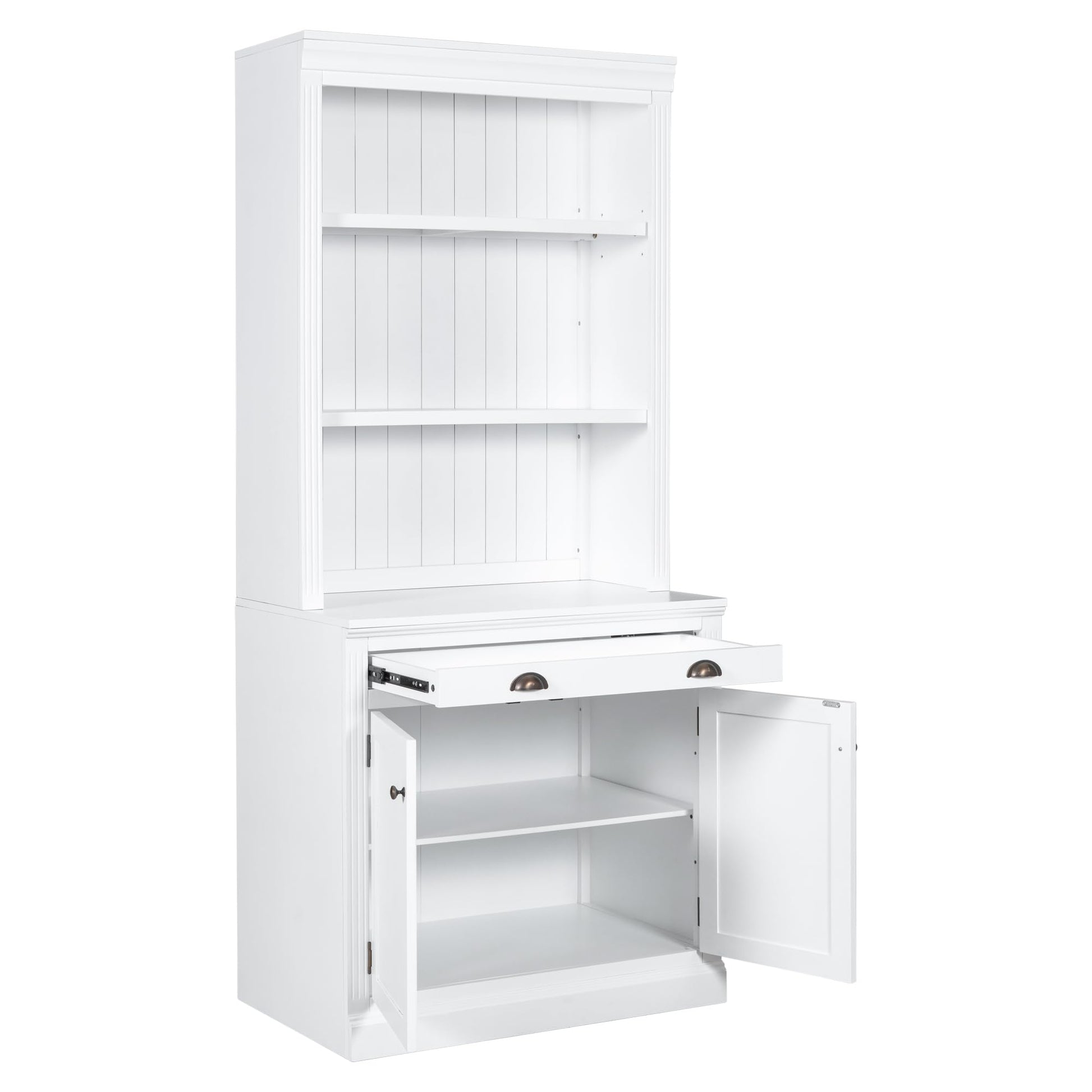 Merax 83.4" White Tall Storage Bookshelf with LED Lighting, 2 Doors, 1 Drawer, and Open Shelves for Home Office - WoodArtSupply