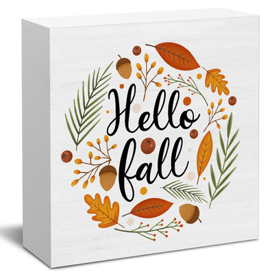 Fall Decor Autumn Leaves Wood Sign Hello Fall Decorations Farmhouse Home Table Desk Decor (5 x 5 Inches)