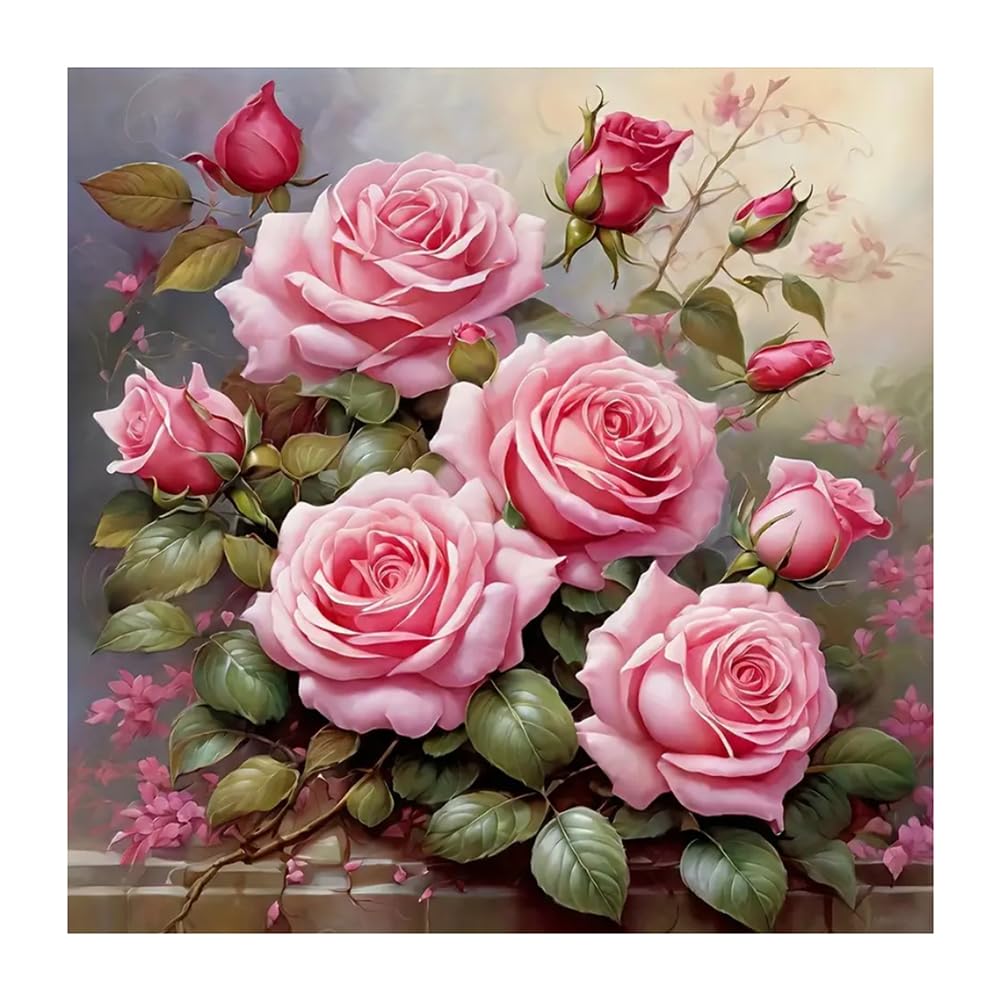 FHBUBPUP Pink Rose Diamond Painting Kits for Adults, Pink Rose Diamond Art Kits, Full Drill Round Gem Art, DIY Flower Paint with Diamond Kits Beads Crafts for Home Wall Decoration Gifts 12x12 inch FHBUBPUP