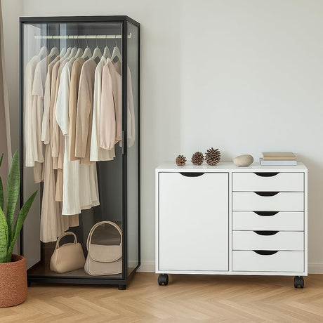 5-Drawer Dresser with 2-Shelf Cabinet, White, Smart Storage, Streamlined with Adjustable Dividers, Lockable Casters & Smooth Slides; Multi-Use Rolling Storage for Office, Craft Room, Bedroom Naomi Home