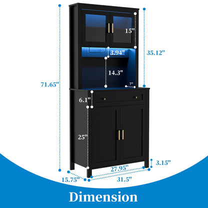 HPWLYO 72" Tall Farmhouse Kitchen Pantry Cabinet with LED Light and Power Outlets, Large Wood Storage Cabinet with Microwave Stand, Adjustable Shelves, Cupboard for Dining Room - WoodArtSupply