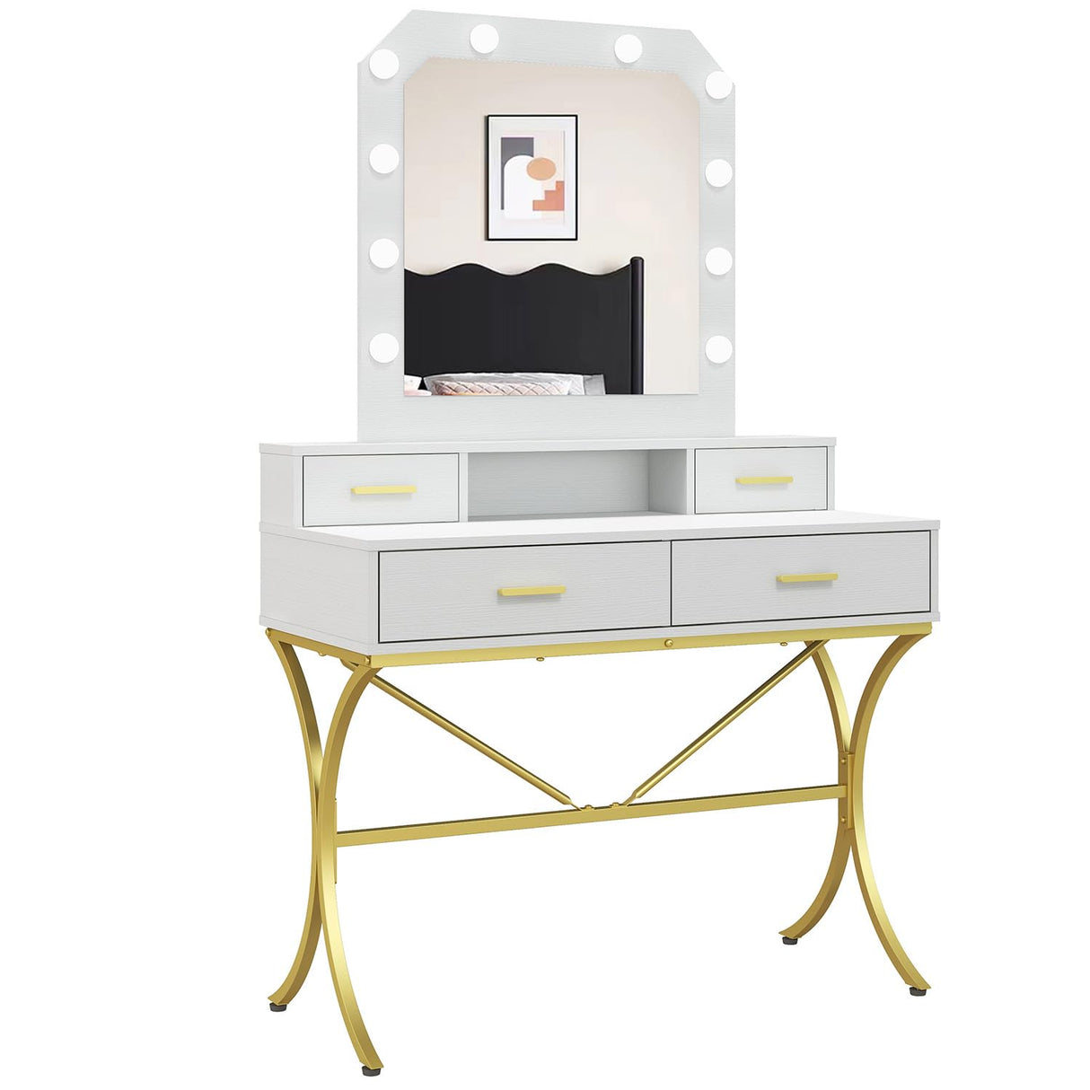 Vanity Table with Lighted Mirror, Modern Makeup Vanity Table with 10 Lights Makeup Desk 4 Drawer Storage Dressing Table for Bedroom (White) Panana