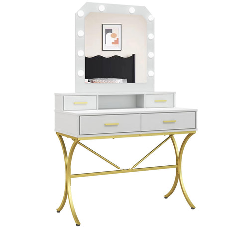 Vanity Table with Lighted Mirror, Modern Makeup Vanity Table with 10 Lights Makeup Desk 4 Drawer Storage Dressing Table for Bedroom (White) Panana