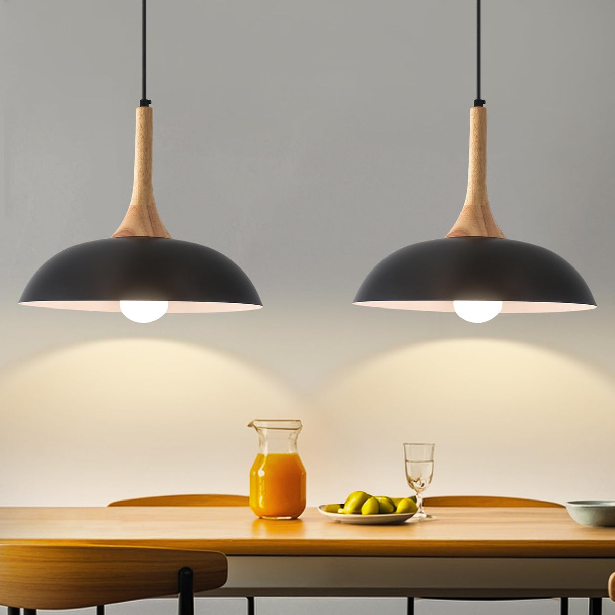GUIHUALOVE Black Pendant Lights Kitchen Island,2 Pack Modern Pendant Light with Wood Cap, 13.8 inch Dome Pendant Light for Kitchen, Dining Room, Living Room GUIHUALOVE