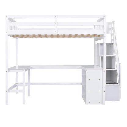 Harper & Bright Designs White Full Loft Bed with Stairs, Desk and Storage Shelves,Wooden Full Size Loft Bed Frame,High Loft Bed with Slat Support for Kids,Teens,Adults,No Box Spring Needed