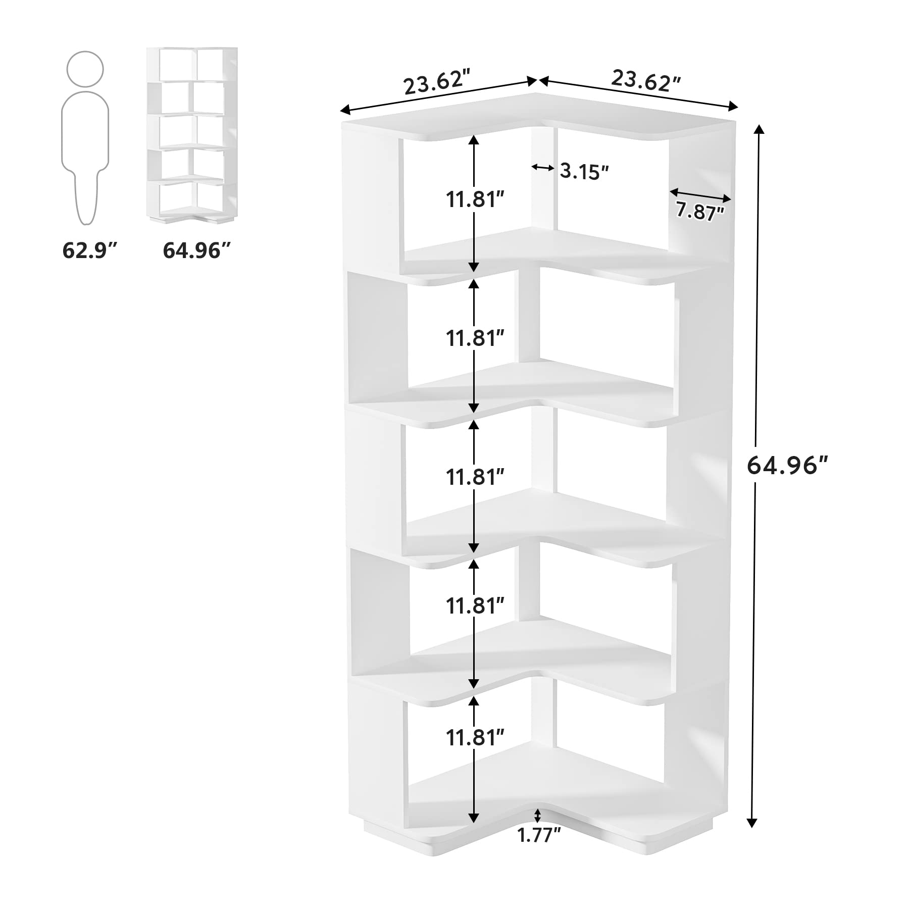 Tribesigns 6-Tier Modern Corner Bookshelf - 64.9 Inch Freestanding Storage Organizer in White - WoodArtSupply