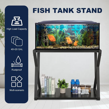 SMONTER Fish Tank Stand 40 Gallon Aquarium Stand, Metal Heavy Duty 20 Gallon Turtle Tank Shelf, Reptile Tank Stand with Hooks, L36.6*W18.5*H28, Black Oak Grain (Stand Only)