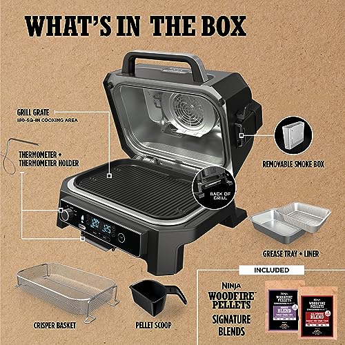 Ninja, Woodfire Pro XL Outdoor Grill & Smoker, Thermometer, 4-in-1 Master Grill, BBQ Smoker, Outdoor Air Fryer, Bake, Portable, Electric Grill, Dark Grey, OG850 Ninja