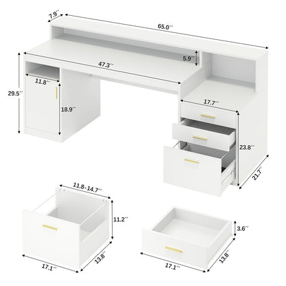 YOMILUVE Computer Desk with 3 Drawer & Storage Shelves, Home Office Desk with File Drawer & Cabinet, Writing Study Table with Long Monitor Stand & Printer Shelf, Executive Desk, White - WoodArtSupply