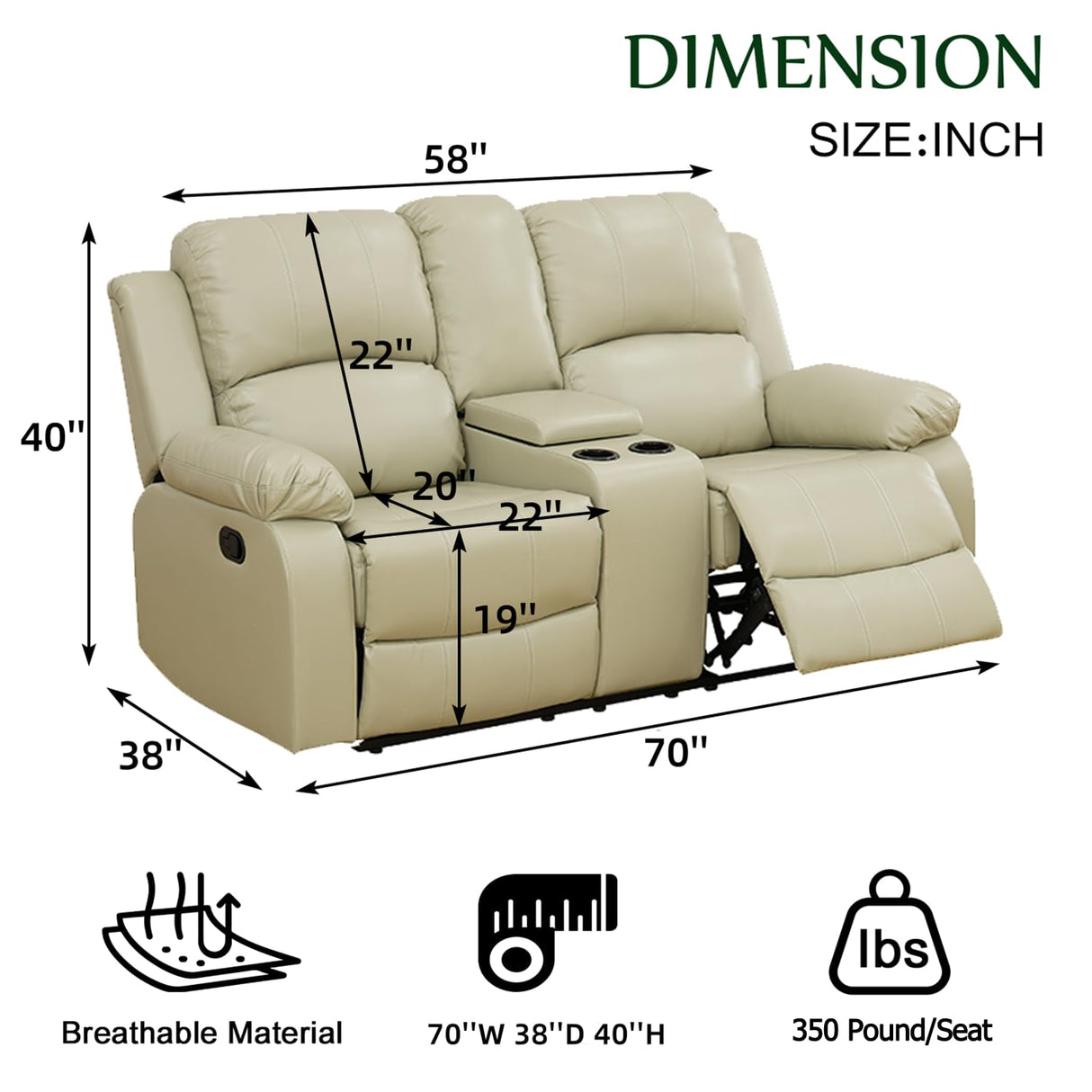 Caberryne Leather Loveseat Recliner Sofa，Leather Recliner Sofa Set for Living Room Furniture Sets，Beige Double Recliner Loveseat for Living Room/Office/Theater Seating/Rv(Loveseat Recliner) Caberryne