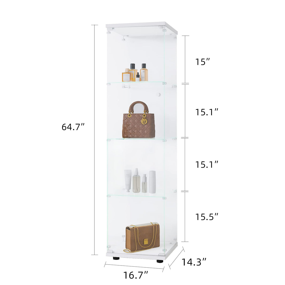 CISURCPI 4-Shelf Glass Display Cabinet with Door and Lock, Upgraded Quick-Install Style Curio Cabinets 5mm Tempered Glass Floor Standing Bookshelf for Bedroom, Living Room 64.7”x 16.7”x 14.3” White CISURCPI