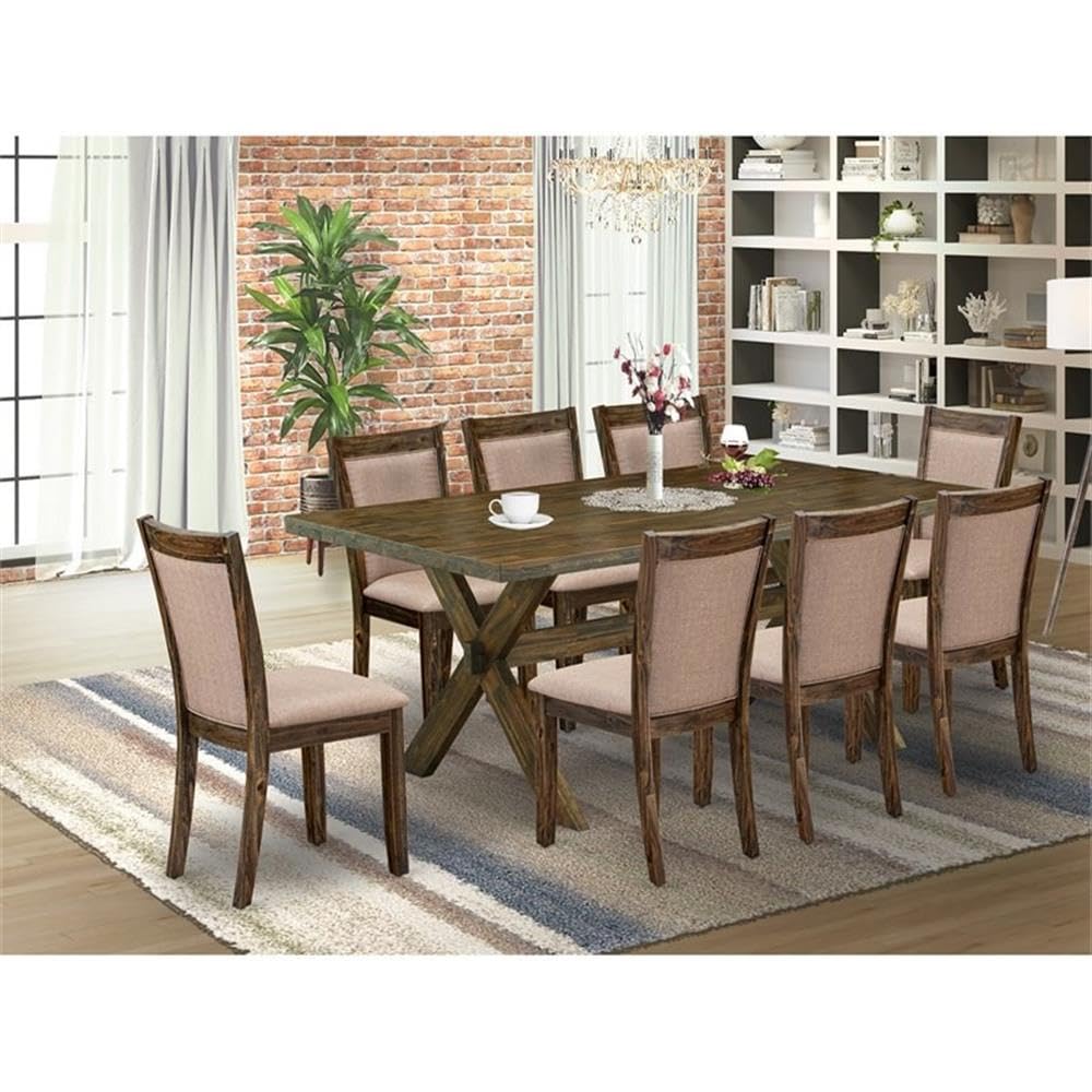 East West Furniture X777MZ716-9 9 Piece Dining Room Set Includes a Rectangle Dining Table with X-Legs and 8 Dark Khaki Linen Fabric Upholstered Chairs, 40x72 Inch, Multi-Color East West Furniture