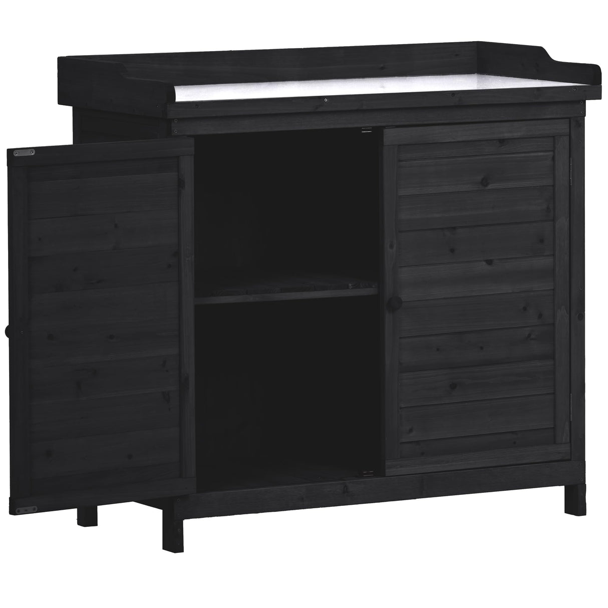 Shaical Outdoor Potting Bench Table 39" Rustic Garden Wood Workstation Storage Cabinet with 2-Tier Shelves and Side Hook, Galvanized Tabletop, Black Shaical