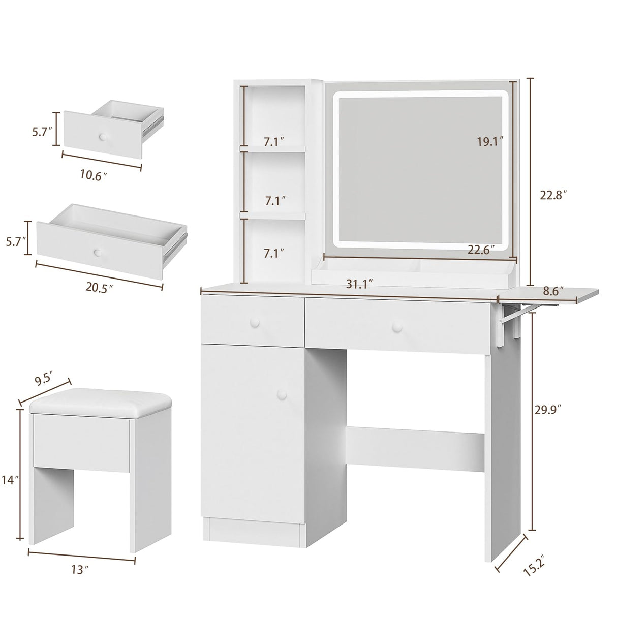 Haewon Makeup Vanity Desk with Mirror and Lights, White Vanity Table with Power Outlet and 3 Lighting Modes, Dressing Table Set with Cabinet Drawers Shelves and Storage Stool for Bedroom Haewon