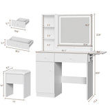 Haewon Makeup Vanity Desk with Mirror and Lights, White Vanity Table with Power Outlet and 3 Lighting Modes, Dressing Table Set with Cabinet Drawers Shelves and Storage Stool for Bedroom Haewon