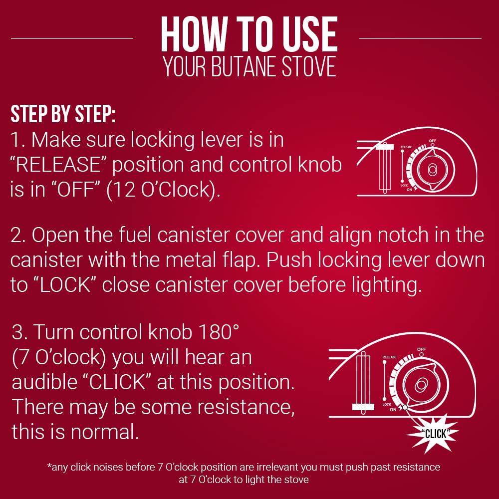 Chef Master 15,000 BTU Output Portable Butane Camping Stove, Peizo Click Ignition, Double Wind-Guard Portable Stove Burner for Emergencies, Tailgating, Hiking, Backpacking & Camping Essentials - 90019 Chef Master