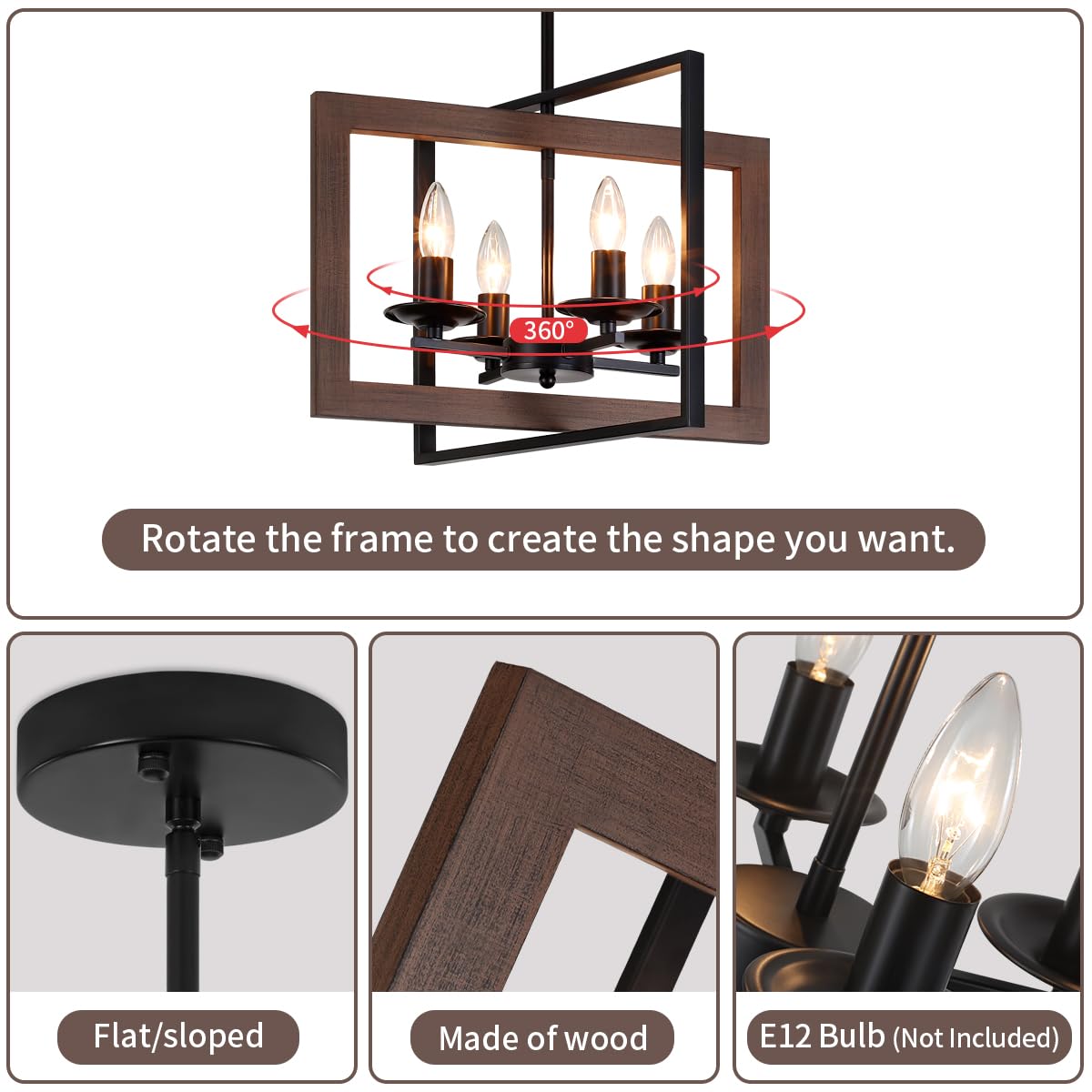 4 Lights Kitchen Chandelier, Farmhouse Dining Room Light Fixutres, Wood Chandelier for Kitchen,Rustic Dinning Room Light Fixtures Over Table with Adjustable Height for Dining Room Kitchen Island GZBEINI