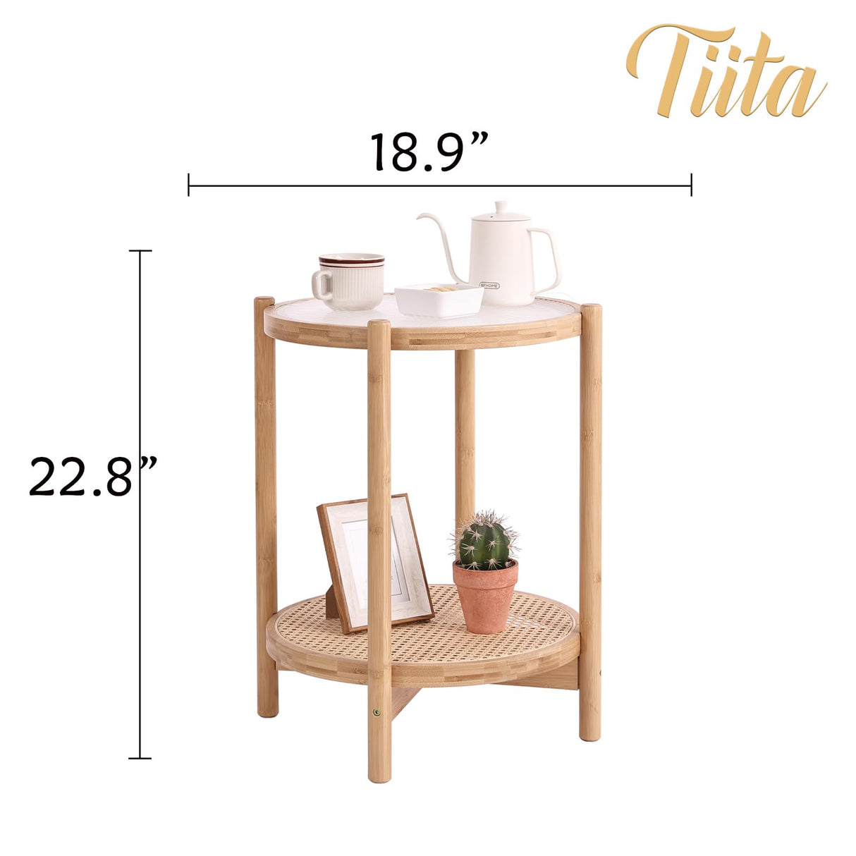 Tiita Rattan Nightstand Side Table, Bamboo Accent Bedside Tables, Glass Coffee Tables, Boho Wooden End Table with Storage for Small Space, Living Room and Bedroom Tiita