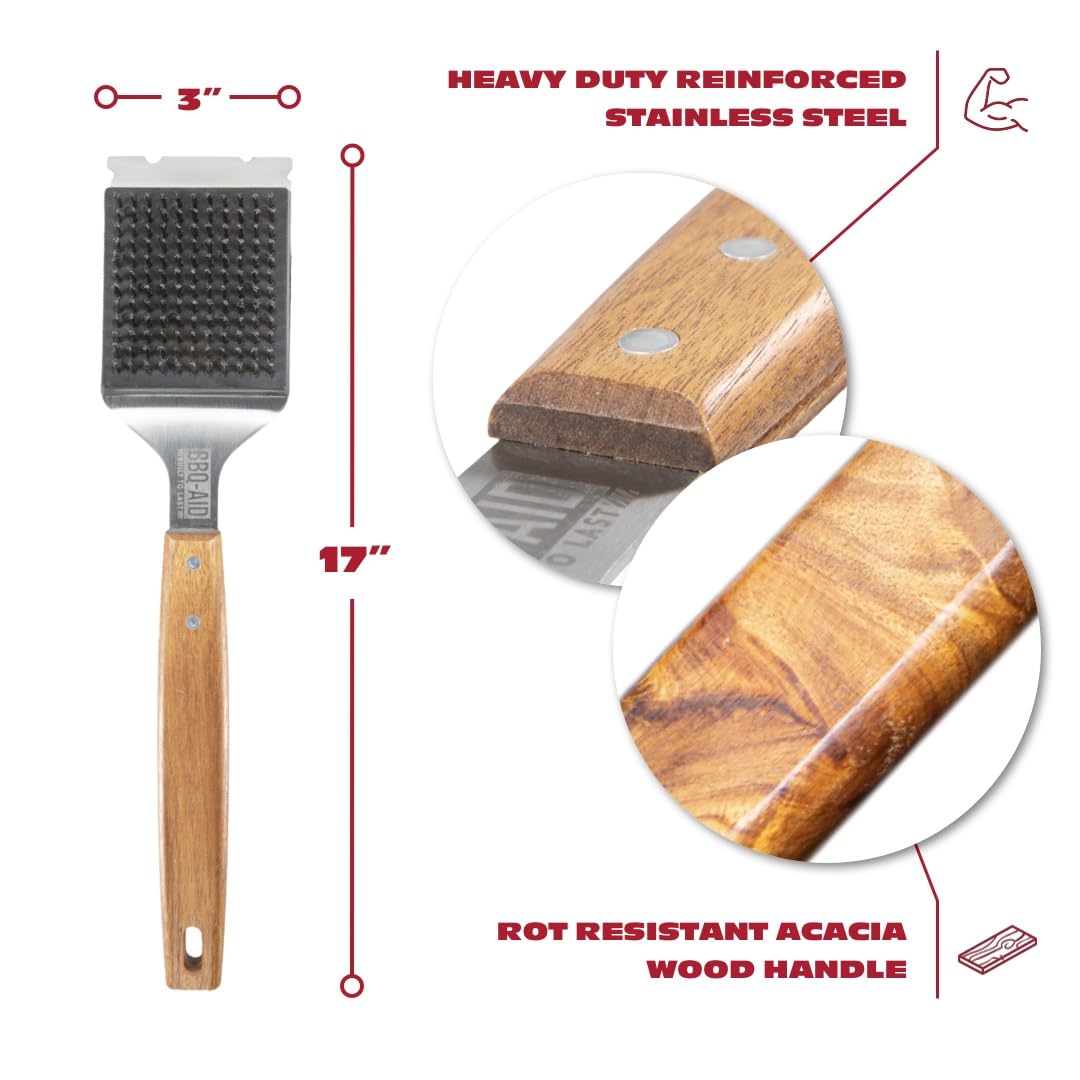 BBQ-Aid Grill Brush and Scraper for Barbecue – Grill Brush for Outdoor Grill with Extended, Large Wooden Handle and Replaceable Stainless Steel Bristles Head –No Scratch- BBQ Grill Brush for Any Grill BBQ-Aid