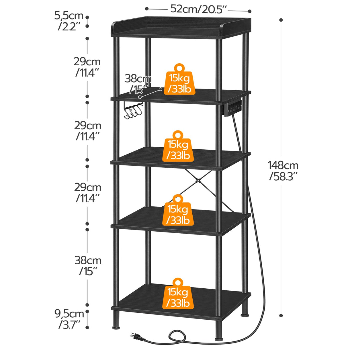 HOOBRO Kitchen Bakers Rack with Power Outlet, 5-Tier Free Standing Kitchen Storage Shelf Rack, Microwave Stand with 4 S-Shaped Hooks, Black BB55UHB01 HOOBRO