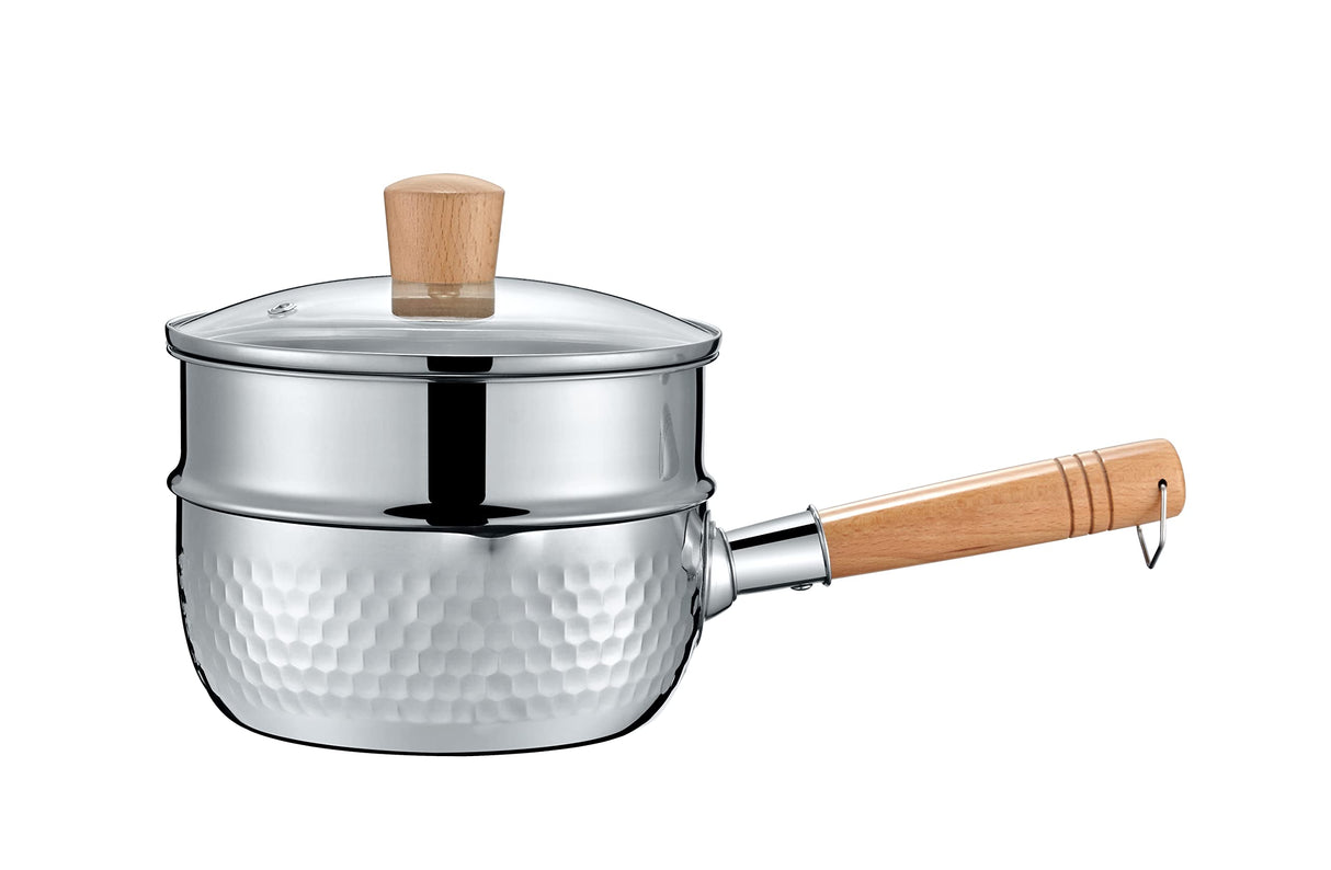 CONCORD 2 Quart Stainless Steel Yukihira Pan with Steamer. Traditional Japanese Saucepan with Wood Handle. Great for Ramen, Tempura pot, Milk, etc. Concord