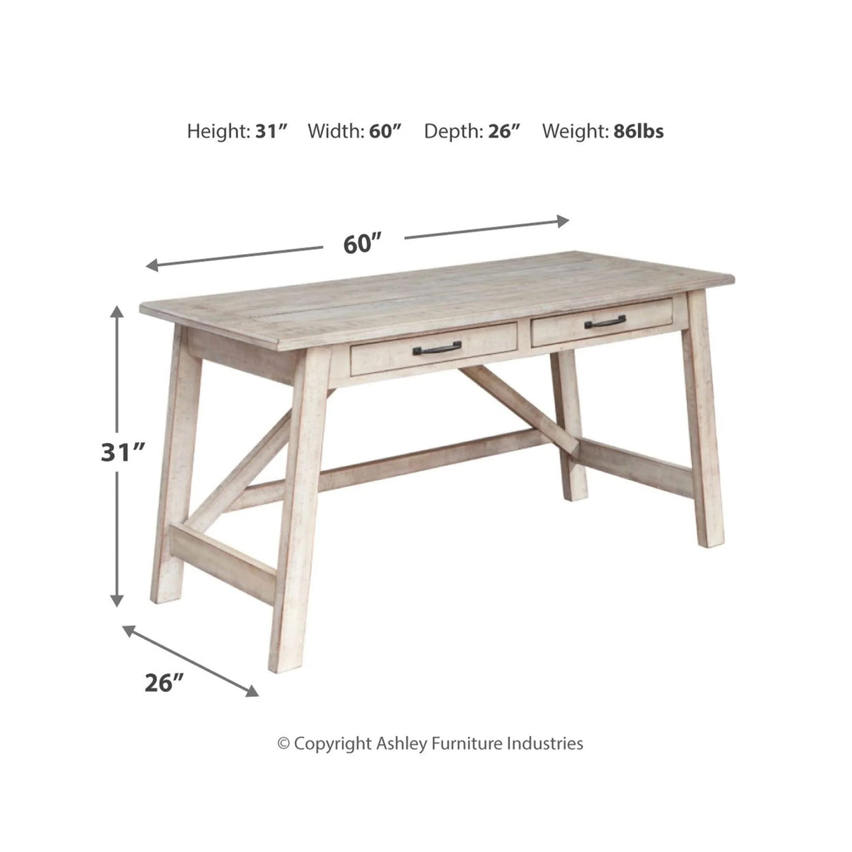 Signature Design by Ashley Carynhurst Farmhouse 60" Home Office Desk with Drawers, Distressed White Signature Design by Ashley