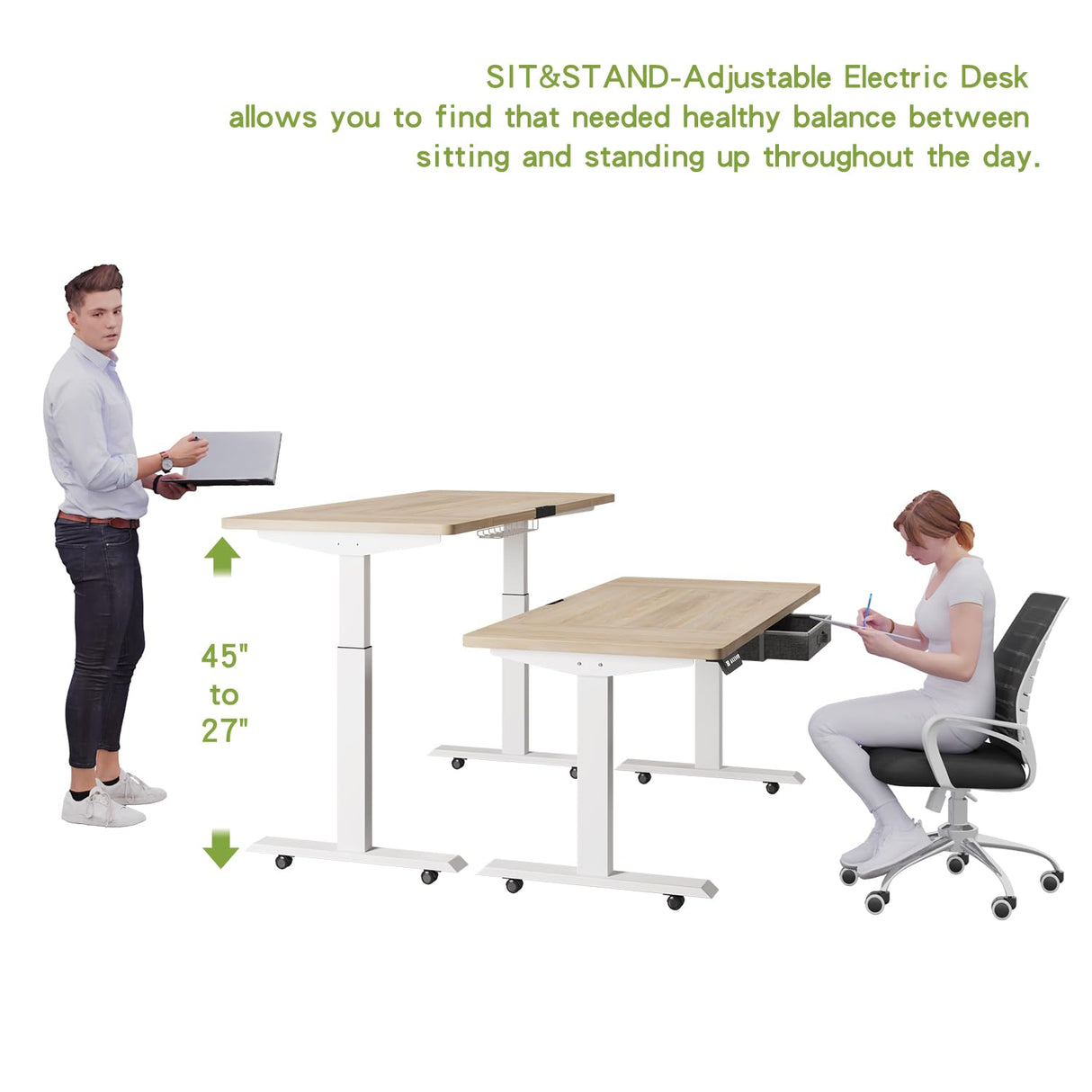 Radlove Dual Motors Height Adjustable 63 x 30'' Electric Standing Desk with Drawer Stand Up Table 4 Memory Keys, Computer Desk with Splice Board Home Office Desk, Oak Top + White Frame Radlove
