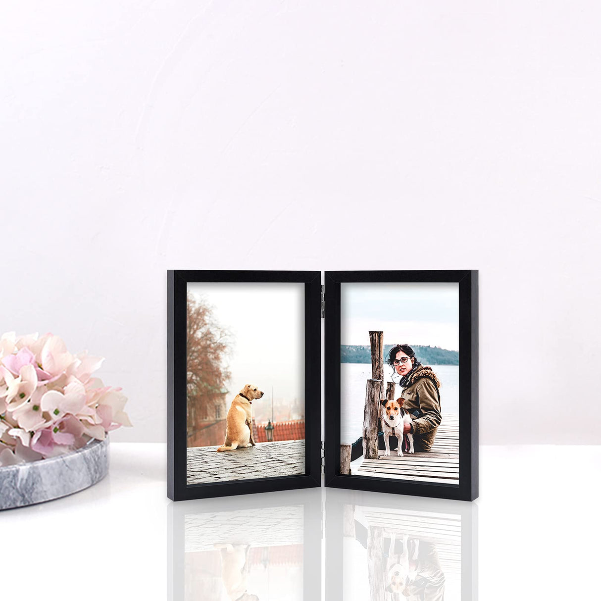 4x6 Double Picture Frame Wooden Hinged Photo Frame Definition Glass Stand Vertically on Desktop or Tabletop Black FOREV