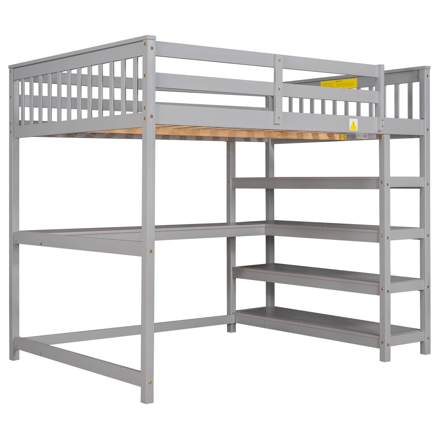 Merax Wood Loft Bed with Desk : Full Size Loft Bed with 4-Storage Shelves and Under Bed Desk Solid Wood Bed, Grey