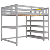 Merax Wood Loft Bed with Desk : Full Size Loft Bed with 4-Storage Shelves and Under Bed Desk Solid Wood Bed, Grey Merax