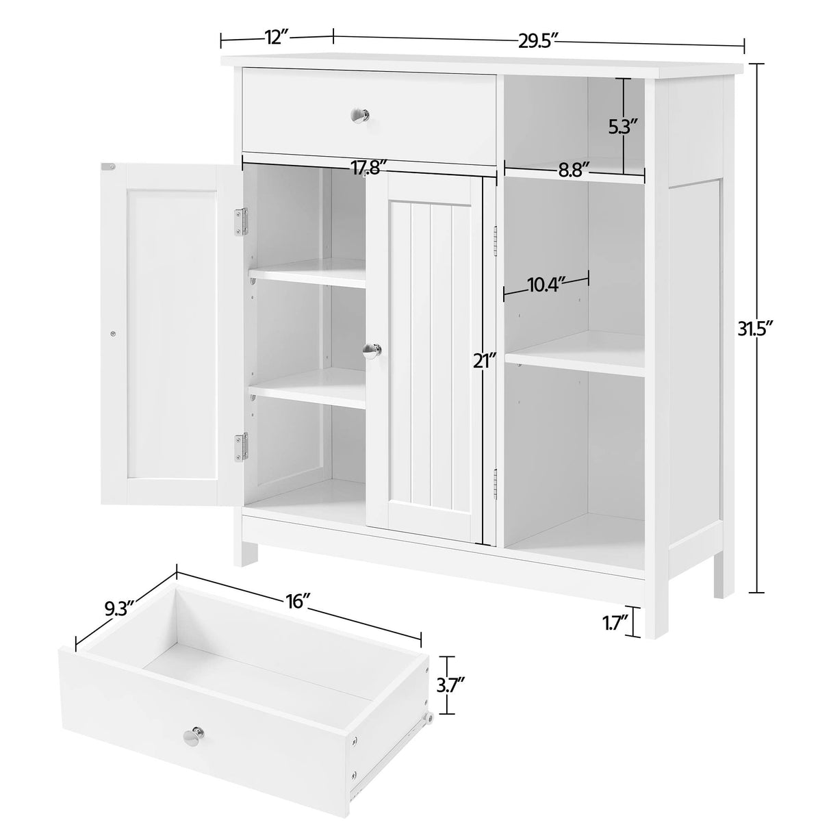 Yaheetech Bathroom Floor Cabinet, Kitchen Freestanding Storage Organizer, Large Side Cabinet with Doors, Drawer & Adjustable Shelves for Living Room, Entryway, 12" D x 29.5" W x 31.5" H, White Yaheetech