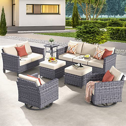 ovios Patio Furniture Set, 7 Piece Outdoor Wicker Sofa with Swivel Rocking Chairs, Loveseat and Comfy Cushions, High Back Rattan Couch Conversation Set, Beige - WoodArtSupply