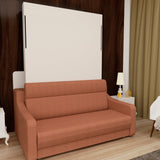 FAVSH Full Size Murphy Bed Cabinet with Loveseat Sofa, White Hidden Beds,Wall Bedframe w/Orange Couch for Bedroom,Space-Saving, Noise Free FAVSH
