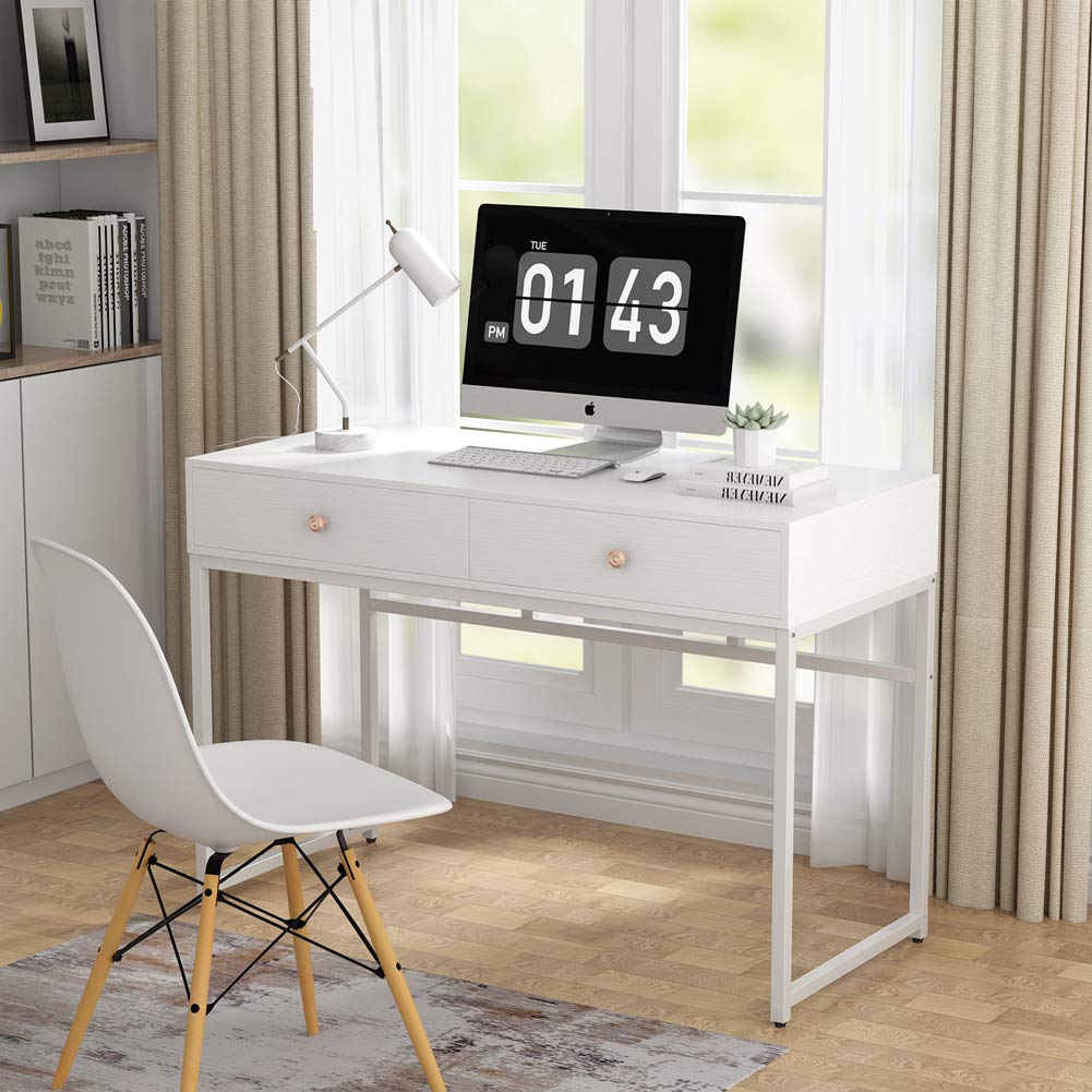 Tribesigns Computer Desk, Modern Simple 47 inch Home Office Desk Study Table Writing Desk with 2 Storage Drawers, Makeup Vanity Console Table White - WoodArtSupply