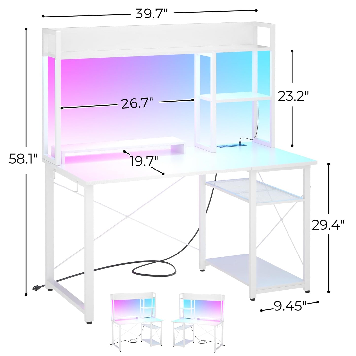 Cyclysio Gaming Desk with Hutch, 39'' Computer Desk with LED Lights & Power Outlets, Home Office Desk with Reversible 5 Tiers Storage Shelves & Monitor Stand, Small Gaming Table for Small Spa - WoodArtSupply