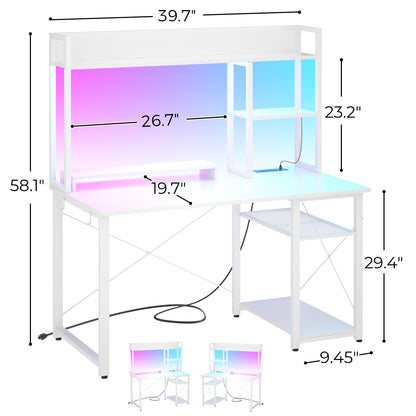 Cyclysio Gaming Desk with Hutch, 39'' Computer Desk with LED Lights & Power Outlets, Home Office Desk with Reversible 5 Tiers Storage Shelves & Monitor Stand, Small Gaming Table for Small Spa - WoodArtSupply