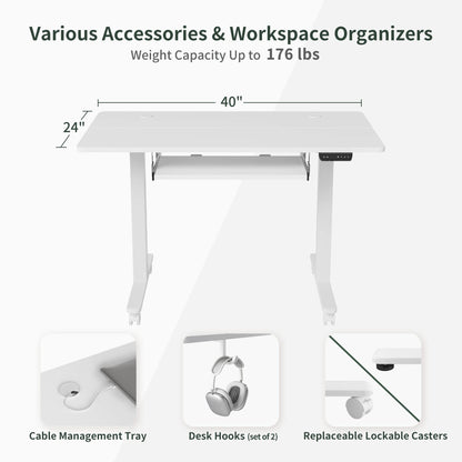 BANTI 40" x 24" Height Adjustable Electric Standing Desk with Keyboard Tray, Sit Stand up Desk with Splice Board, White Frame/White Top - WoodArtSupply