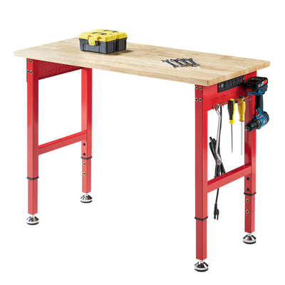 Albott Adjustable Workbench, 28.7-38.6" Height, Rubber Wood Top, Heavy-Duty Design with Power Outlets & Hooks, 2000 LB Capacity for Garage, Workshop, Home, or Office，Red