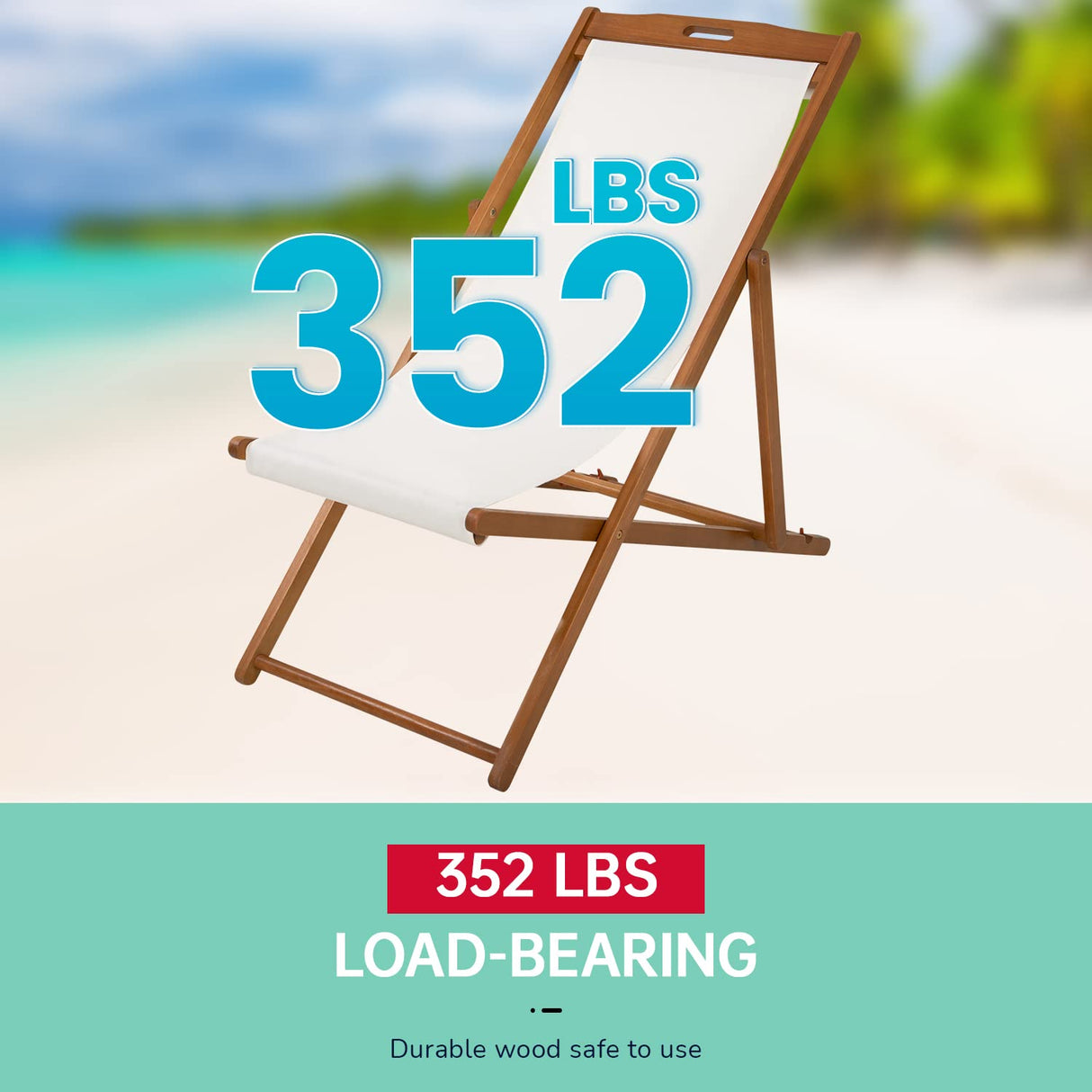 FDW Beach Sling Patio Chair for Relaxing, Foldable with Adjustable Height made from Eucalyptus Wood with White Polyester (White, Brown) FDW