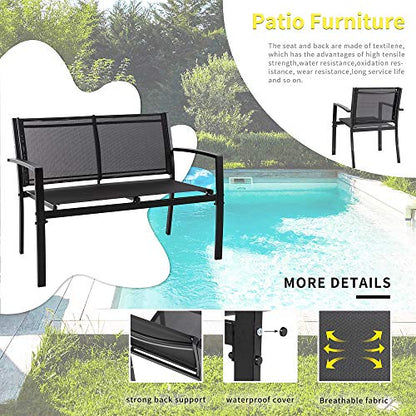 Shintenchi 4 Pieces Patio Furniture Set All Weather Textile Fabric Outdoor Conversation Set, with Glass Coffee Table, Loveseat, 2 Single Chairs for Home, Garden, Lawn, Porch（Black） - WoodArtSupply