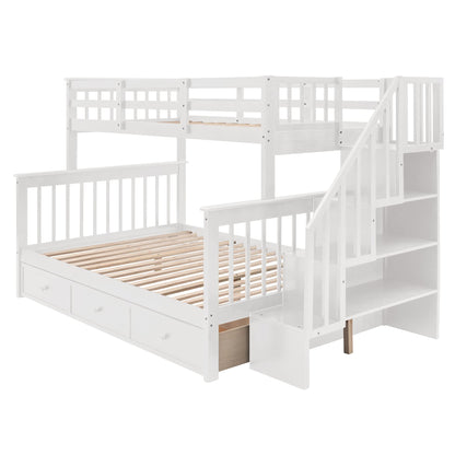 MERITLINE Twin Over Full Bunk Bed with Stairs, Storage Drawers, and Shelf - No Box Spring Needed, White - WoodArtSupply