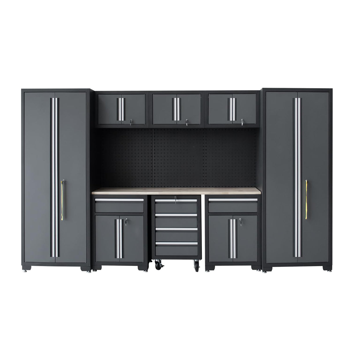 HPDMC Garage Storage Cabinet System 9-Pcs Workshop Set Garage Cabinets and Storage System with Steel Cabinet Drawers, Rolling Chest, Workbench, Pegboard for Garage Tool Organization, Black and Grey HPDMC